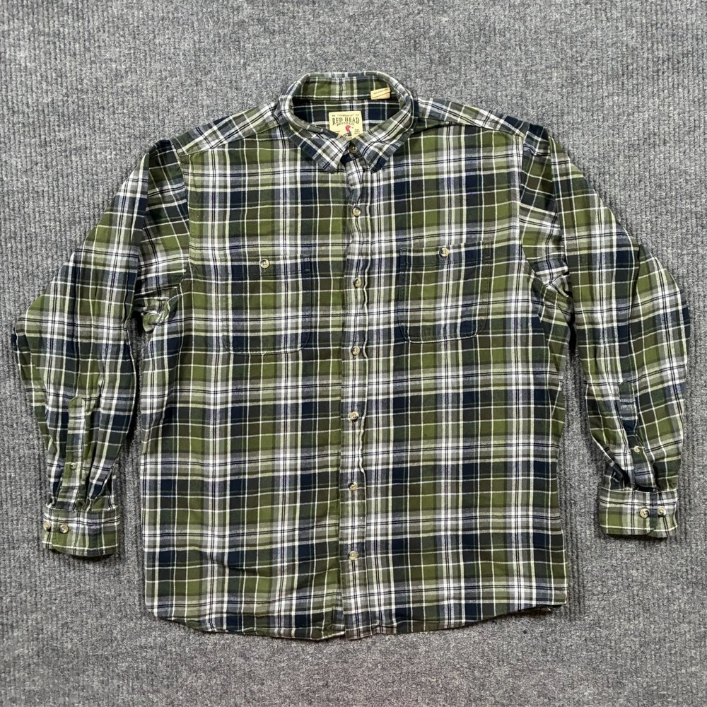 Red Head Mens Button Up Shirt Size XL Green Plaid 100% Cotton Long Sleeve